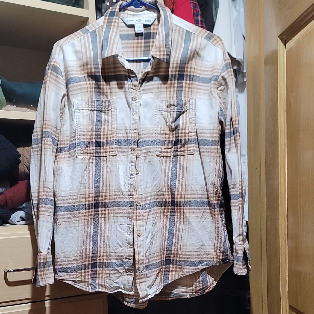 Old Navy Plaid Button Down Shirt - Brown and Cream
